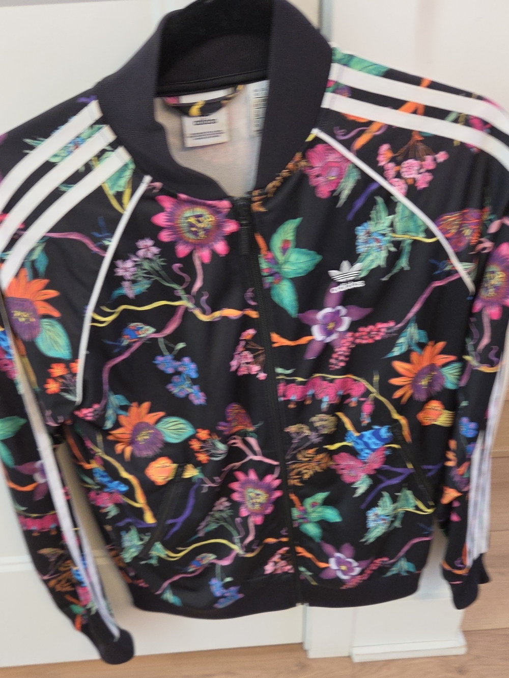 adidas Black Floral Bomber Jacket with White Stripes